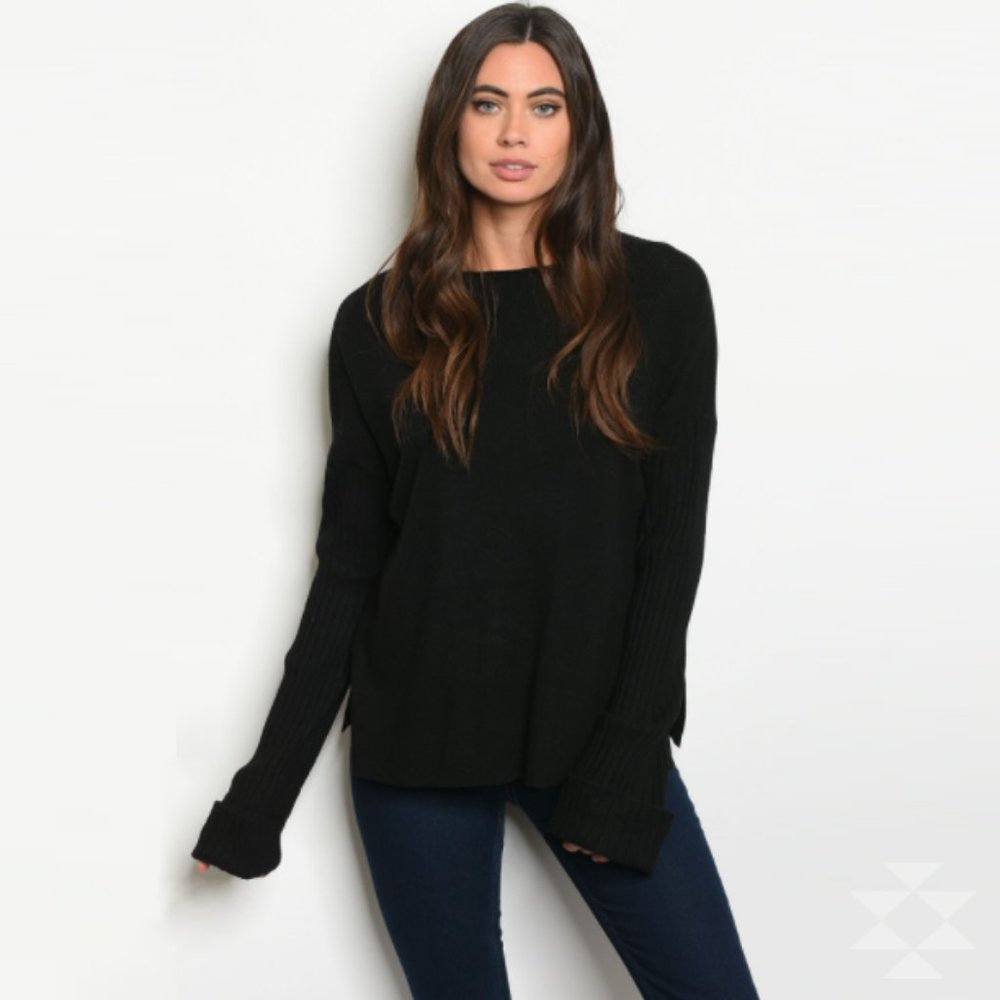 Black Soft Crewneck Swing Sweater Bell Sleeves